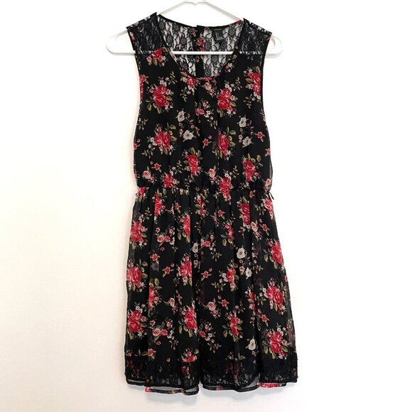 FOREVER 21 Black Red Floral / Sheer Black Lace Back Mini Fit Flare Dress NO BELT - Picture 3 of 16